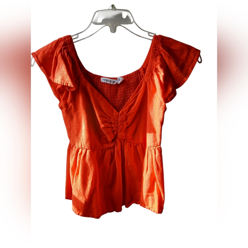 Midnight Sky Orange Ruffle Sleeve Blouse Women’s Large Chic Dressy Top